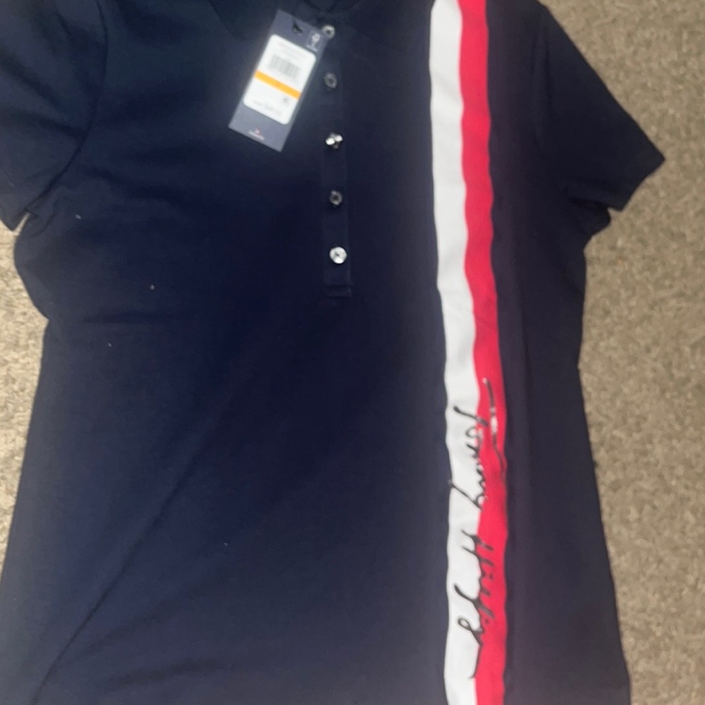 Tommy Hilfiger size S ( in men’s)  Dark blue red and white stripes.